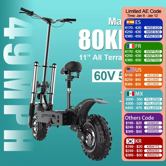60v 5600w 2 Motors E-Scooter Adults All Terrain 11" Tire Off Road Motorcycle 80KM/H